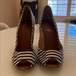 Christian Louboutin Blue and White Striped Peep-Toe Heels